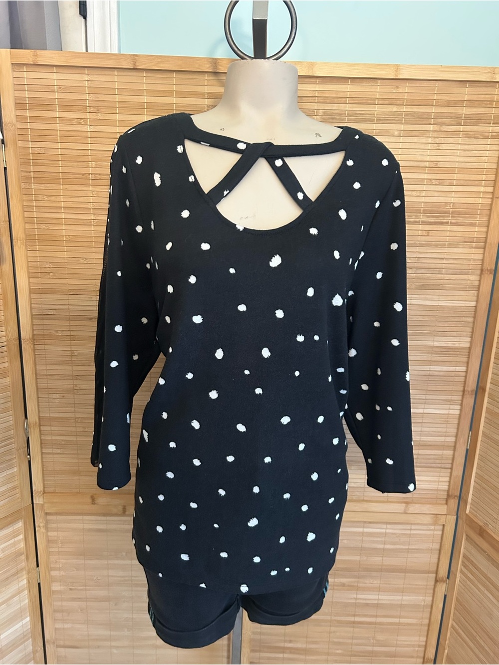 Como Vintage 3/4 sleeves black white polka dot top decorative mesh sleeves woman